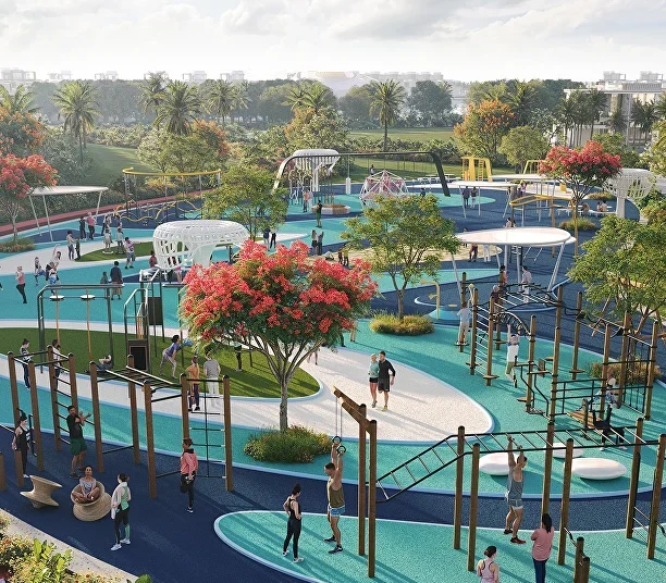 People walking and relaxing in a green landscaped park at DAMAC Islands Phase 2 Dubai