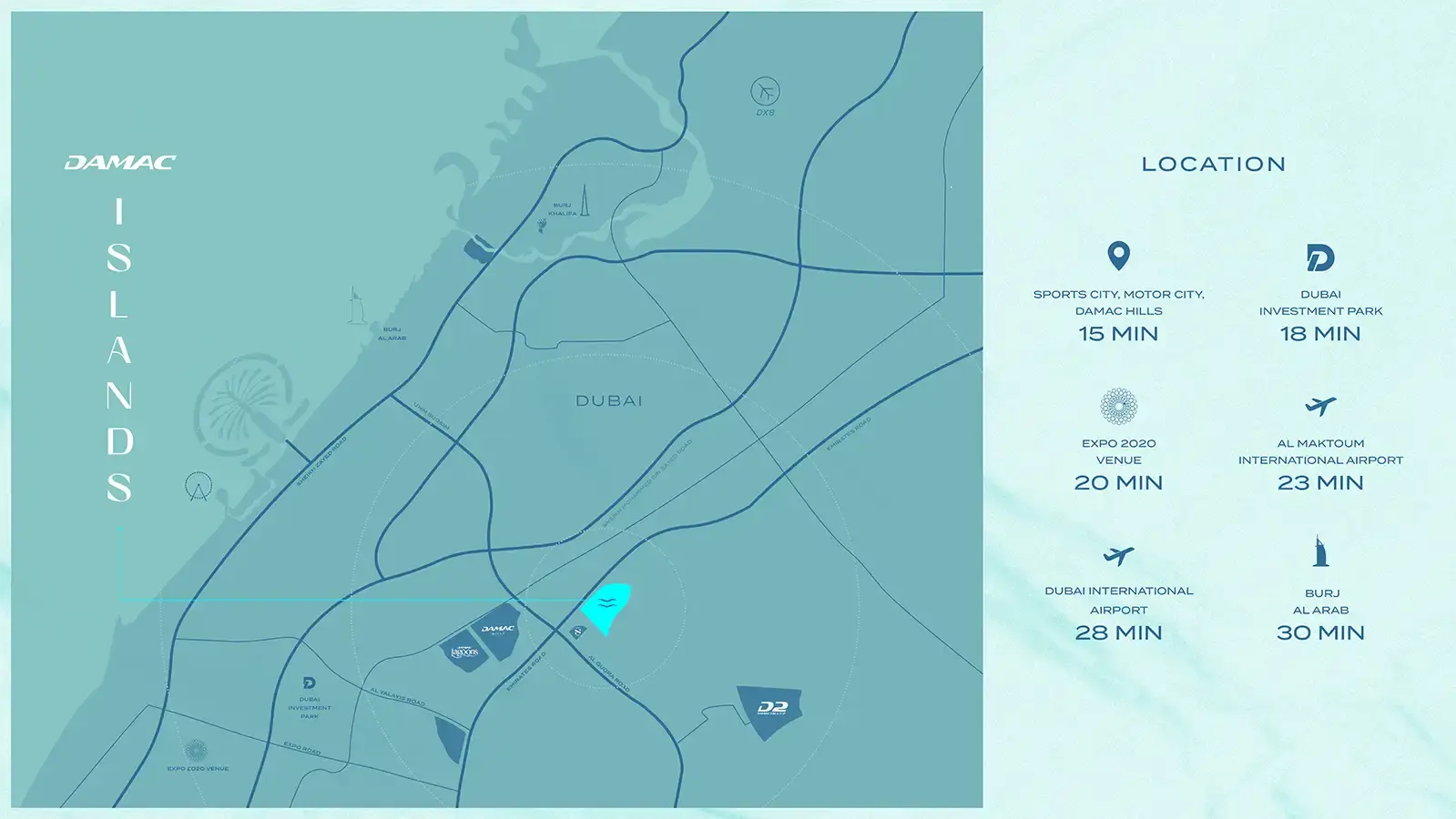 Map showing DAMAC Islands Phase 2 Dubai location with nearby landmarks and travel times to major destinations like Expo 2020 and Burj Al Arab