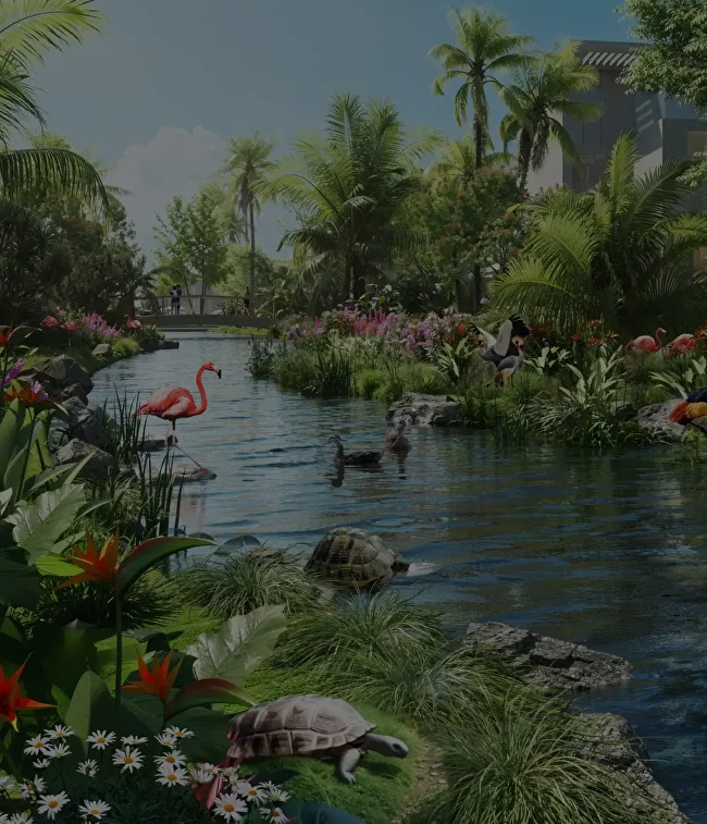 Antigua Cluster at DAMAC Islands Phase 2 Dubai with lush greenery, calm water views, and elegant island-style villas