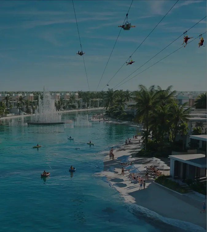 Barbados Cluster at DAMAC Islands Phase 2 Dubai featuring a clear water scene with a central fountain and tropical landscaping